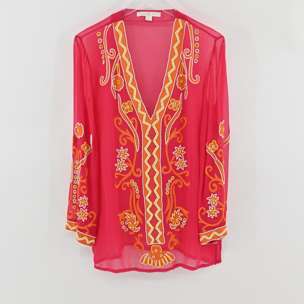 Boston Proper‎ Embroidered Beaded Tunic Womens Size S Pink Boho Resort Coverup
